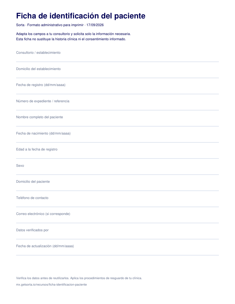 Vista previa de la ficha descargable en blanco, con campos de identificación, contacto y revisión.