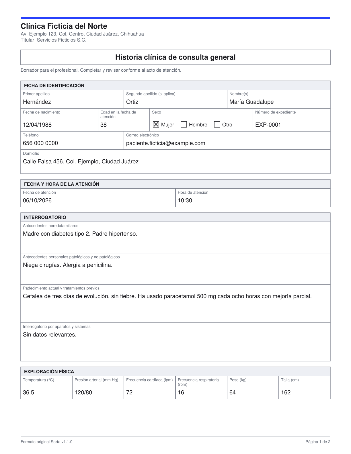 Primera página de una historia clínica ficticia de la Biblioteca Sorta con ficha de identificación, interrogatorio y exploración física llenos
