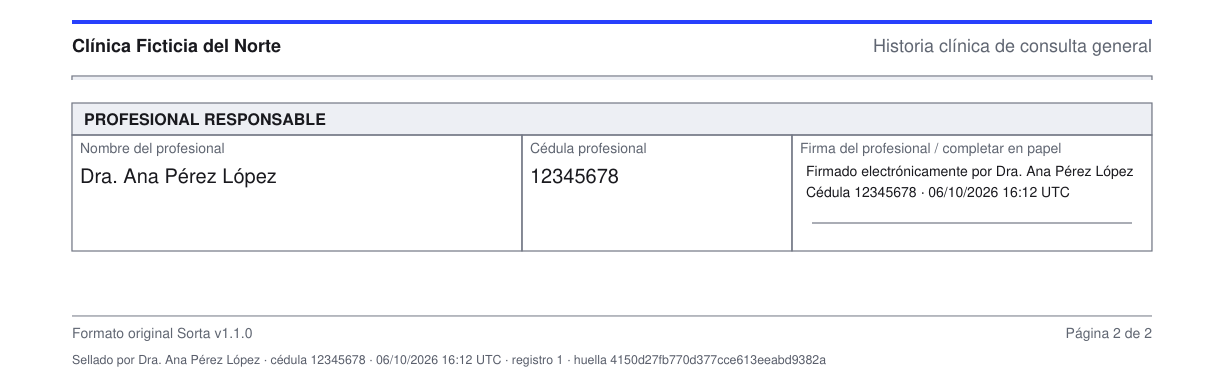 Fragmento de un documento ficticio con la firma electrónica del profesional y, al pie, la línea de sello con nombre, cédula, fecha, registro y huella